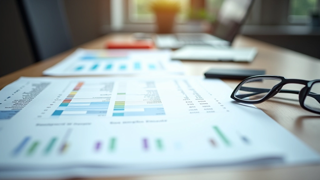 Workspace with printed financial statements and analysis notes